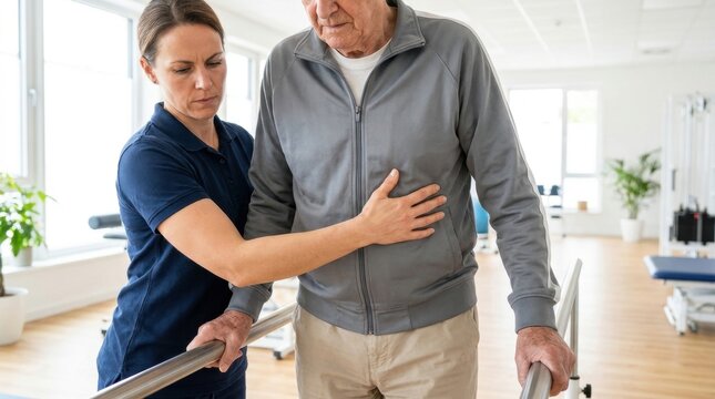 Physical therapist guiding and supporting an elderly patient walking along parallel bars during a post-illness mobility rehabilitation session.