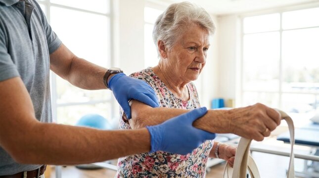 Physical therapist guiding and supporting an elderly patient walking along parallel bars during a post-illness mobility rehabilitation session.
