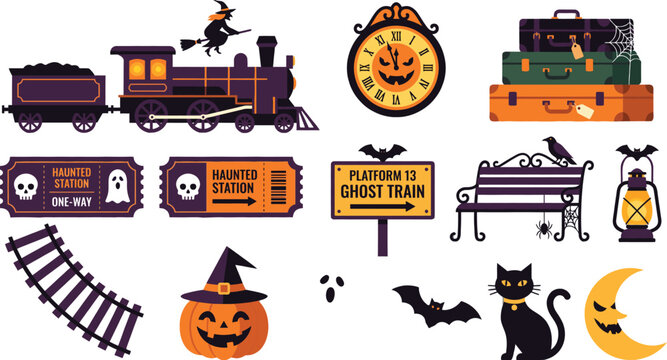 Happy halloween spooky train station scene with witch ghost and jack o lanterns