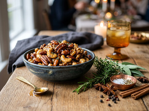 A rustic bowl of glazed mixed nuts, including pecans and cashews, sits on a wooden table next to herbs and spices, with a drink and candles in the background.