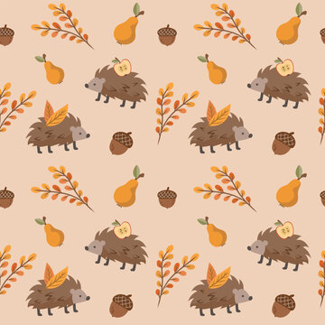 Cute autumn seamless pattern with hedgehogs, pears, acorns and autumn branches. Cozy woodland background for fabric, textile, wrapping paper, wallpaper and nursery decor. Vector illustration.