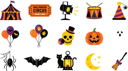 Happy halloween party elements with circus tent baloons pumpkin ghost spider bat cat lantern © KaziMuhibbur
