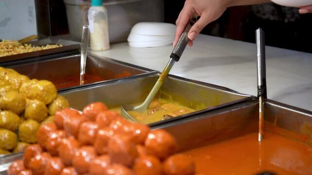 Golden sauce appetizer served with ladle at street food counter