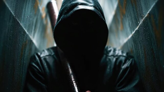 Individual in dark hooded jacket grips a baseball bat tightly, standing in a narrow alleyway with wet surfaces and dim lighting creating a tense atmosphere
