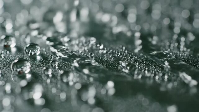 Close up macro shot of clear water droplets forming on a dark textured surface with a stream of water pouring in the background creating ripples and splashes in a refreshing and clean environment