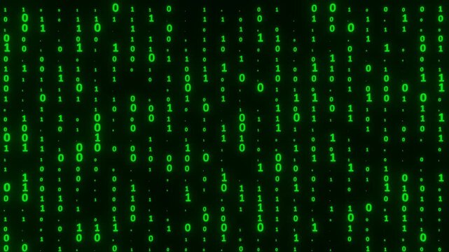 Green binary numbers randomly shifting position on black background, technology animation