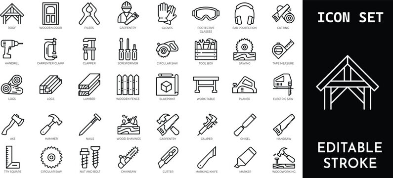 Set of 45 carpentry line icons with editable stroke including roof, wooden door, pliers, carpenter, gloves, protective glasses.