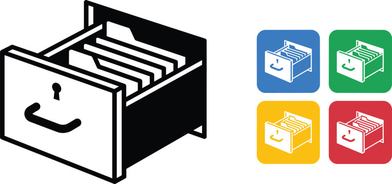 Isometric file cabinet drawer icon set with folders for office document organization and data storage