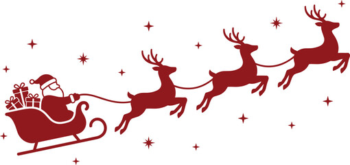Red silhouette of Santa Claus in a sleigh pulled by flying reindeer with Christmas gifts vector illustration © Ariful