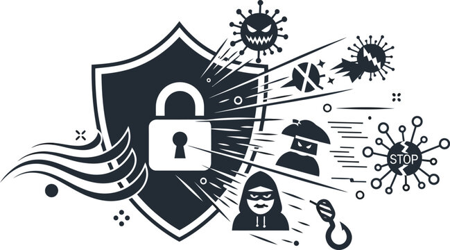 Cybersecurity shield protecting against digital threats and hackers.