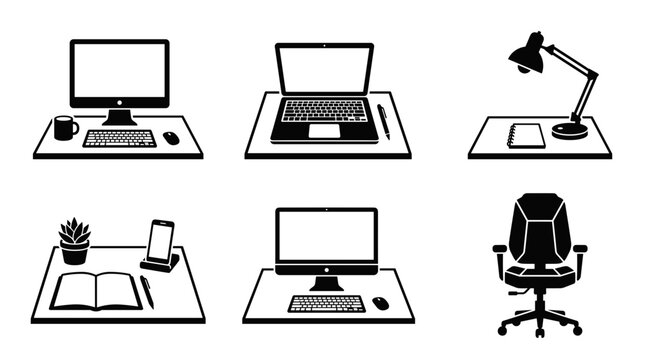 Collection of office desk setups with computers and accessories