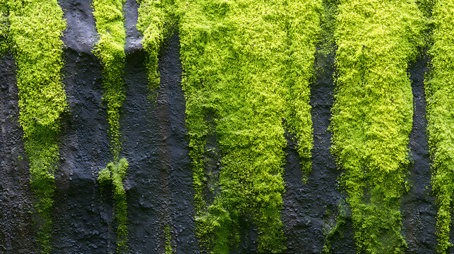 Vibrant green moss (Bryophyte) grows in lush patches and streaks across a dark, rough rock surface, creating a dynamic natural abstract pattern