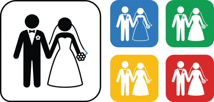 Wedding couple icon set featuring bride and groom in black and colorful button style illustrations