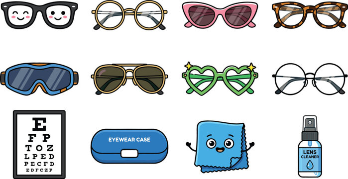 Cute eyewear and sunglasses cartoon characters set with optical icons vector illustration stickers for optometry
