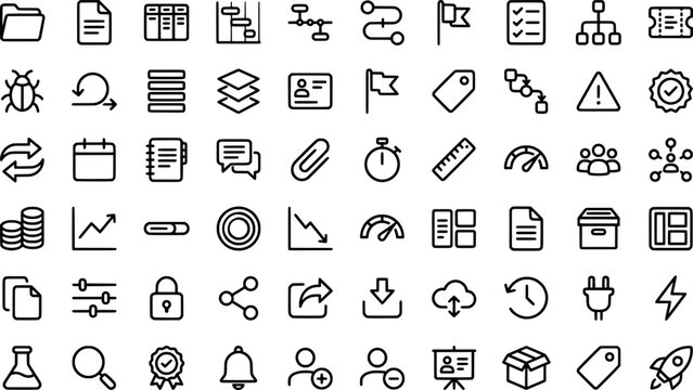 Set of project management and workflow line icons transparent background