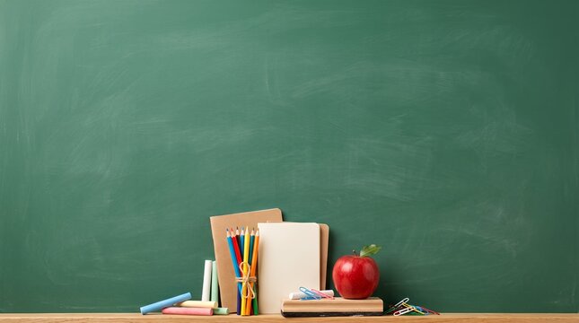 Back to school background featuring school supplies and an apple on a green chalkboard shelf with empty copy space above education background school border