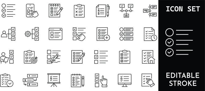 Checklist and task management icons with editable stroke for planning.