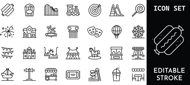 Amusement park and entertainment icons with editable stroke.