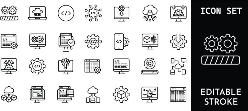 Technology and coding icons with editable stroke for development.