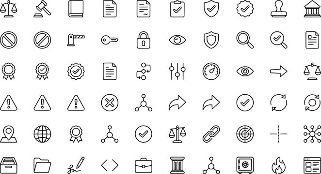 Set of legal, compliance, and administrative line icons, including law, documents, security, and verification symbols transparent background