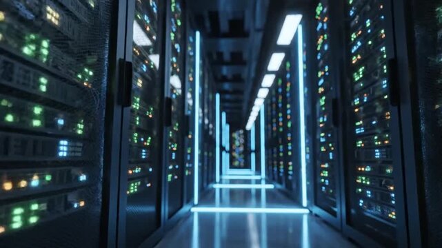 A futuristic server room aisle with rows of glowing server racks illuminated by bright blue vertical LED lights and the soft glow of numerous small colored indicator lights on the equipment