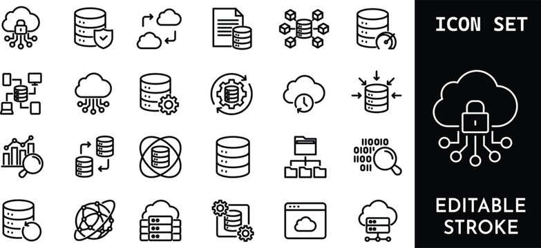 Set of vector icons for data storage and cloud computing. network database, information management, and server solutions.