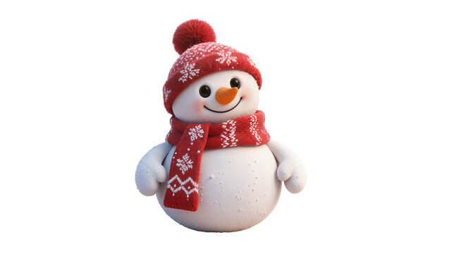 Isolated festive winter snowman character wearing cozy red knitted pompom hat and warm scarf