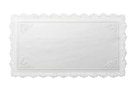 White lace frame with blank embossed paper design, elegant vintage border for invitation or card on transparent background
