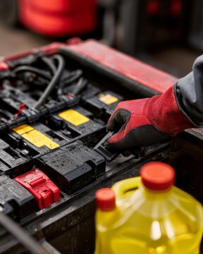 Gloved Hand Opening Forklift Battery Cap During Maintenance