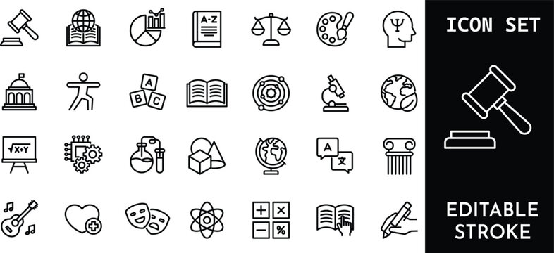 Education and academic subjects line icons for school learning and university studies.
