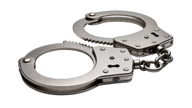 Isolated modern stainless steel handcuffs with a connecting chain, open and ready for use