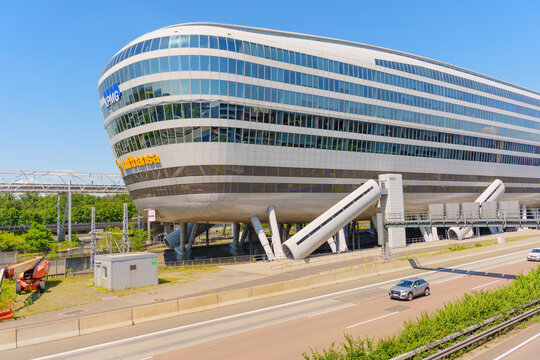 Frankfurt, Germany - June 18, 2026: Futuristic Architecture of the Squaire Building in Frankfurt Germany