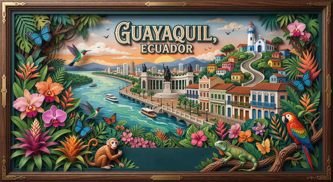 Ciudad de Guayaquil-Ecuador paisaje en estilo de papel cortado- paper cut