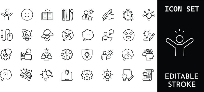 Creative thinking and education icon set with editable stroke symbols for idea generation and learning.