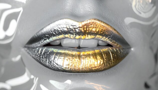 Close up of lips with gold and silver lipstick.