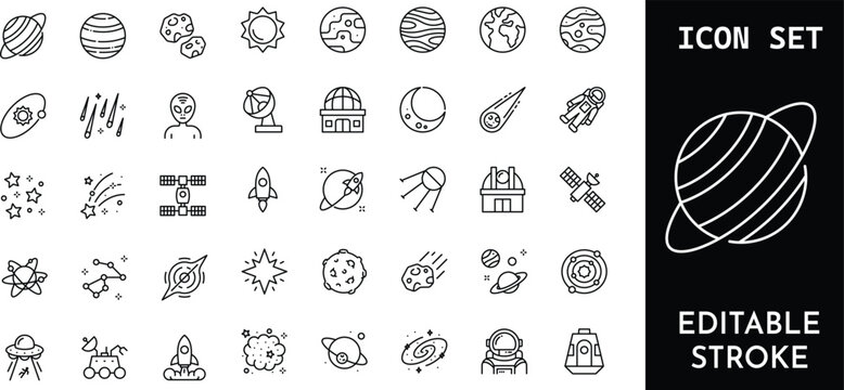 Space and universe vector line icons set editable stroke.