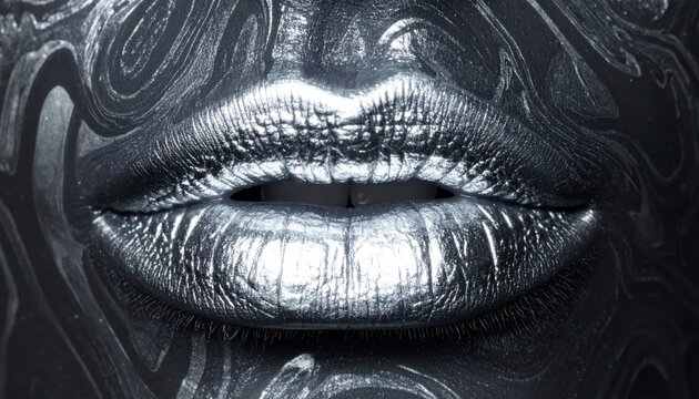 Close up of lips with metallic silver paint.