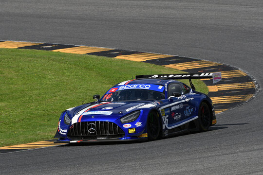 Scarperia, Italy - September 14th 2025: Mercedes AMG GT3 of team AKM MOTORSPORT drive by Farhadi - Valkre in action during Italian Championship GT Endurance race event at Mugello Circuit.