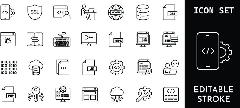 Programming and coding vector line icons set editable stroke.