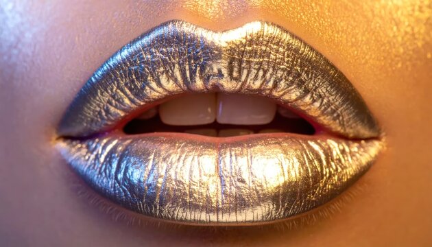 Close up of lips with shiny metallic silver lipstick.