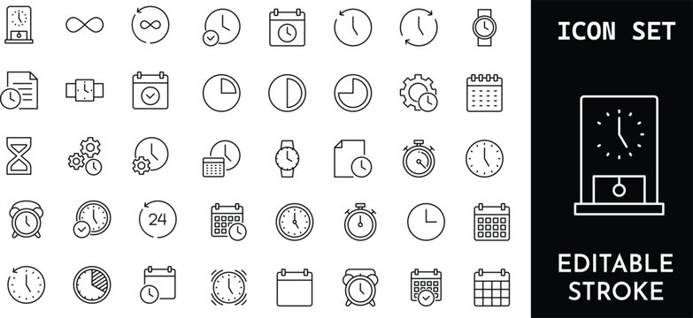 Time and clock linear icon set collection of vector illustration with editable stroke.