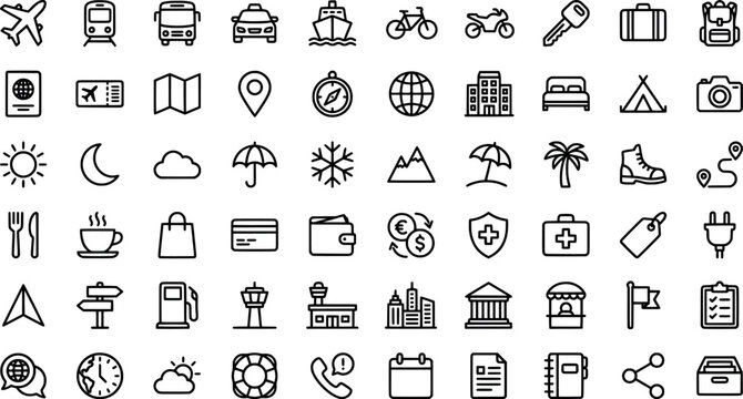 Set of travel, tourism and lifestyle line icons transparent background