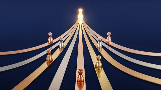 Leadership guiding diverse team toward shared vision with connected pathways, strategic direction, business success concept
