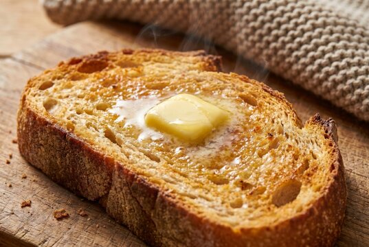 Melting butter on hot artisan toast with visible steam rising from surface. Freshly baked gourmet bread slice on wooden board. Warm cozy morning breakfast, rustic homemade food snack.