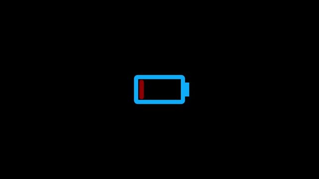 Battery charge low warning concept. Animation of a low battery icon on black background. 4k video