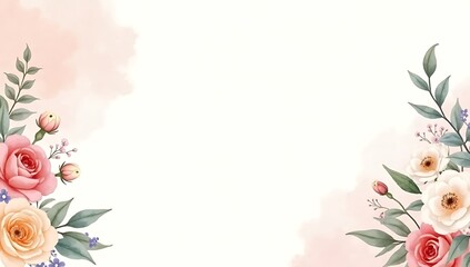 Fototapeta premium Elegant Watercolor Floral Corner Border Background with Soft Roses and Pastel Design