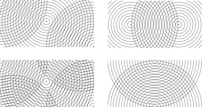 Collection of Abstract Black and White Concentric Circles Overlapping Vector Patterns