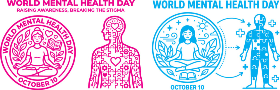 World mental health day awareness image with brain and leaves. Happy world mental health day awareness support and breaking stigma illustrations