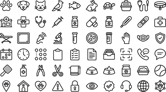 Set of veterinary and pet care line icons for animal clinic and pet shop services transparent background