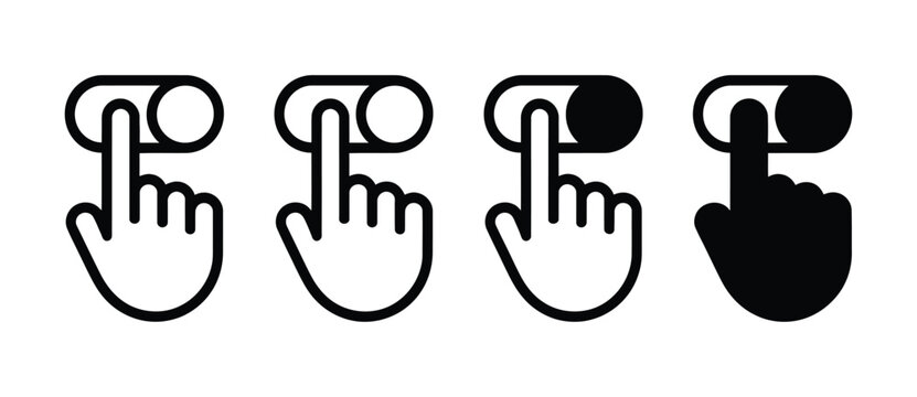 Finger switch toggle icon set, hand dragging on and off slider buttons for mobile interface, user interaction and smart control applications.